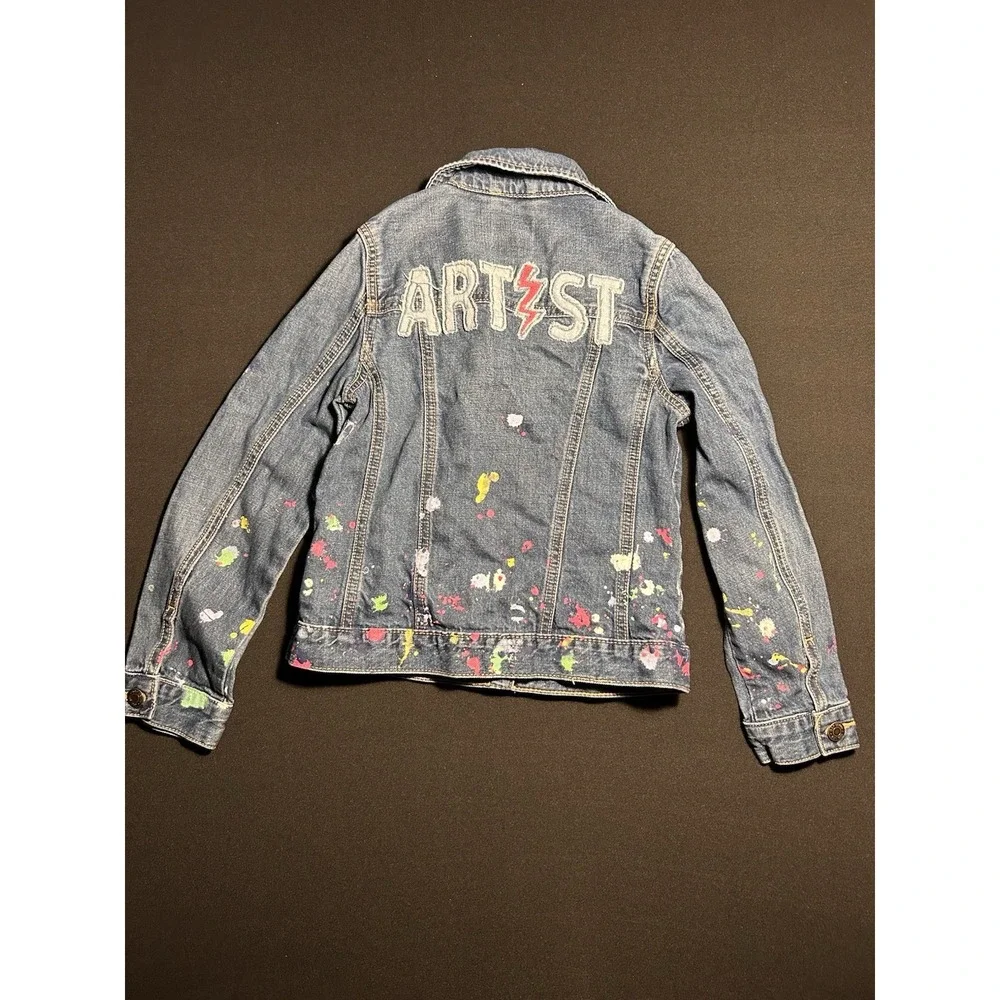 Gap Kids Girls Denim Jacket Paint Splatter Artist Distressed Blue Size M 8/9